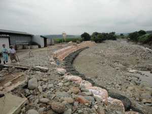 河川の氾濫、堤防の決壊によって流出した豚舎（写真左）。豚２５０頭が流出した＝鶴岡市内